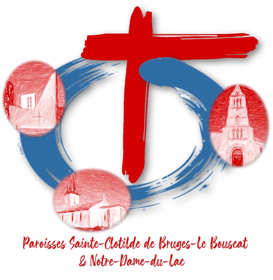Logo des paroisses Sainte-Clotilde de Bruges-Le Bouscat et Notre-Dame-du-Lac représentant une croix rouge d'où jaillit de l'eau de son cœur faisant un cercle sur lequel apparaissent les images des 3 clochers